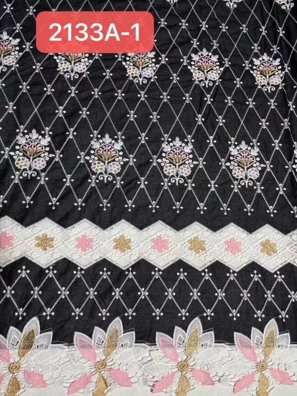 Wholesale Luxury 100% Cotton Floral Embroidery Fabric with Lace Border 2133A-2