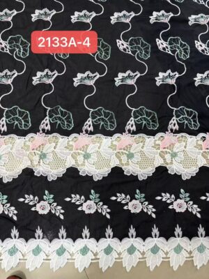 Wholesale Cotton Embroidery Dress Fabric with White Gold Threadwork & Lace Edge