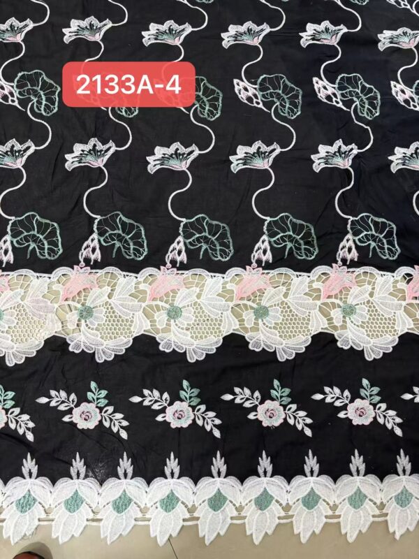 Wholesale Cotton Embroidery Dress Fabric with White Gold Threadwork & Lace Edge