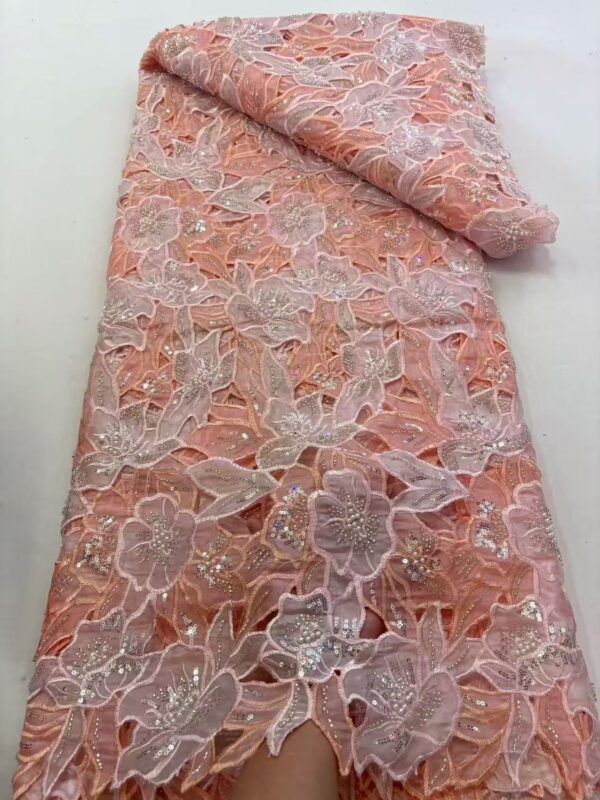Luxury 3D Floral Sequin Beaded Ribbon Embroidery Lace Fabric | Wedding Couture