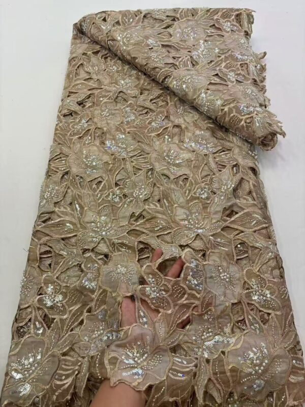 Luxury 3D Floral Sequin Beaded Ribbon Embroidery Lace Fabric | Wedding Couture