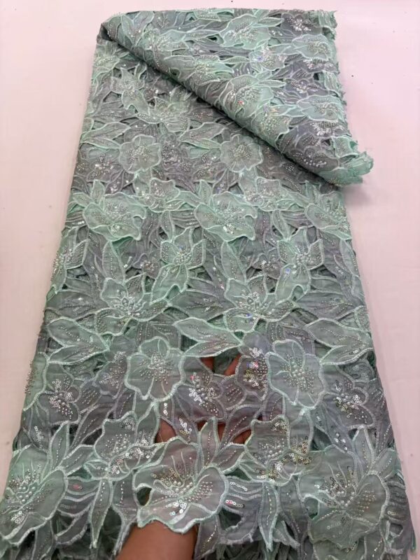 Luxury 3D Floral Sequin Beaded Ribbon Embroidery Lace Fabric | Wedding Couture