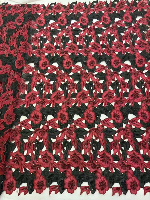 Luxury 3D Floral Sequin Beaded Ribbon Embroidery Lace Fabric  High-End Wedding & Couture Fabric