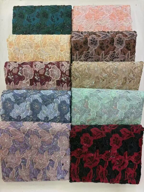 Luxury 3D Floral Sequin Beaded Ribbon Embroidery Lace Fabric | Wedding Couture
