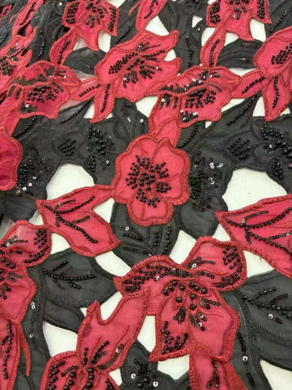 Luxury 3D Floral Sequin Beaded Ribbon Embroidery Lace Fabric  High-End Wedding & Couture Fabric