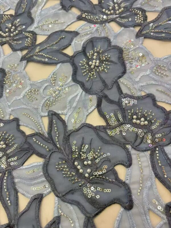 Luxurious 3D floral sequin beaded ribbon embroidery lace fabric